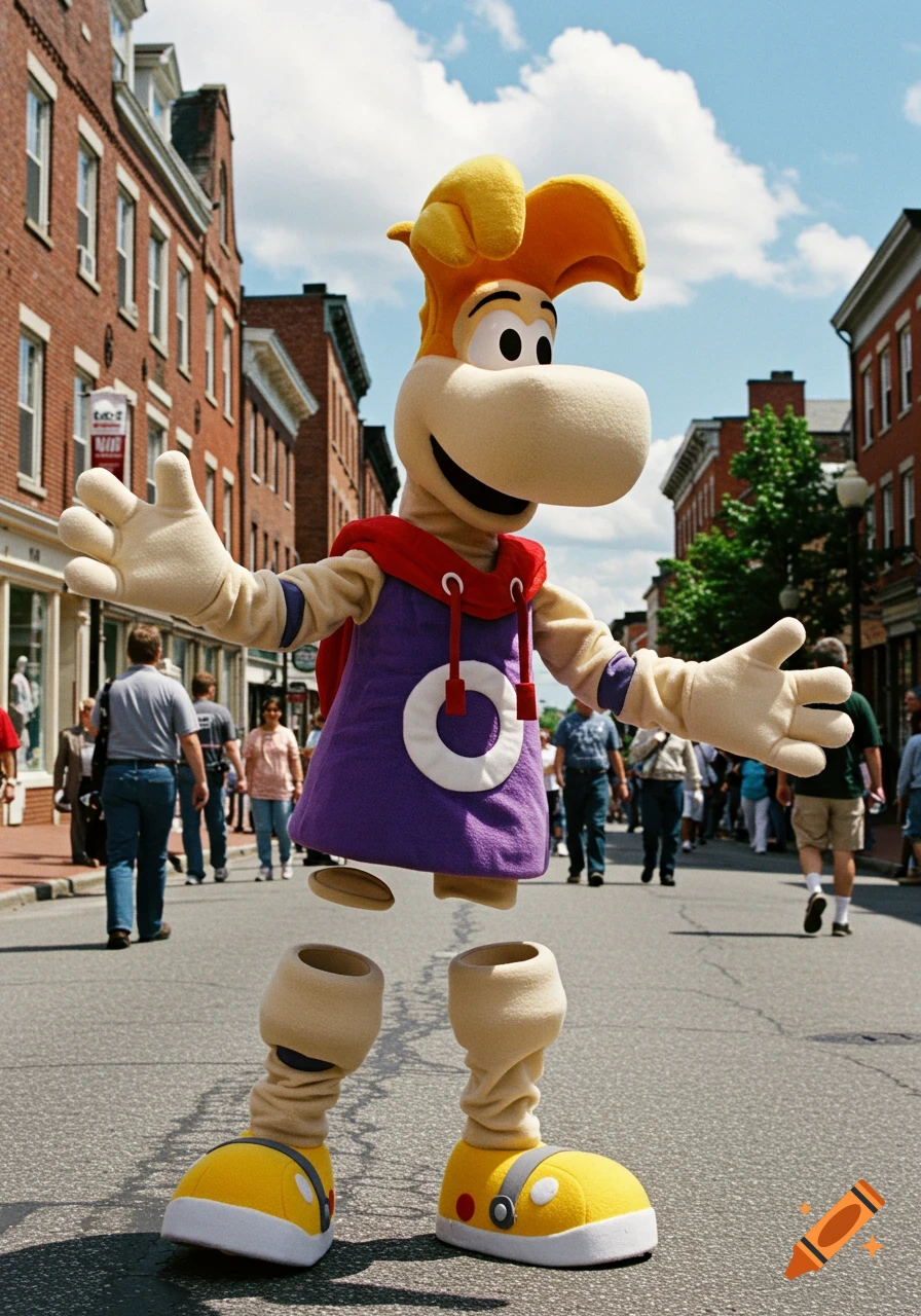 A photorealistic image of a Rayman mascot costume standing in a city street with brick buildings and people in the background.