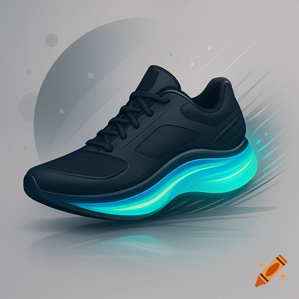 A stylized dark athletic shoe with a glowing blue-green sole on a grey background with motion lines.