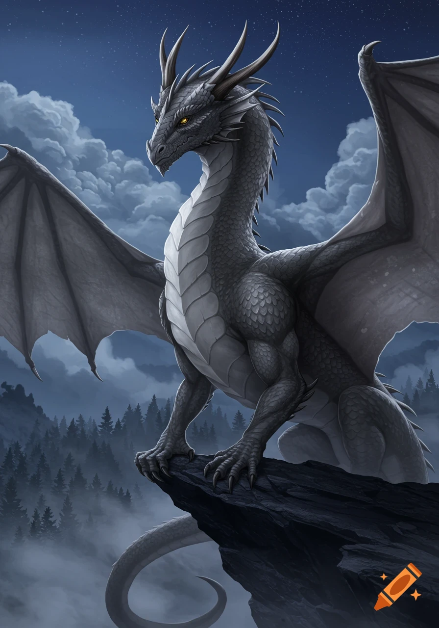 A majestic grey dragon with yellow eyes and a white belly perched on a dark rock cliff overlooking a misty pine forest under a starry night sky.