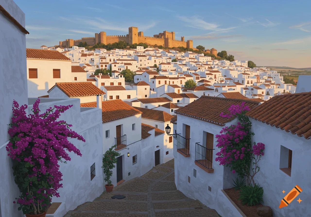 A picturesque hillside village of white houses with terracotta roofs and purple flowers, leading up to an ancient castle under a blue sky.