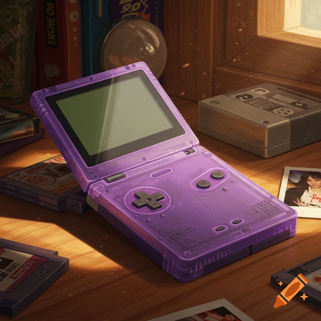 Purple translucent Game Boy Color on a wooden table surrounded by retro game cartridges and a cassette player, illustrated.