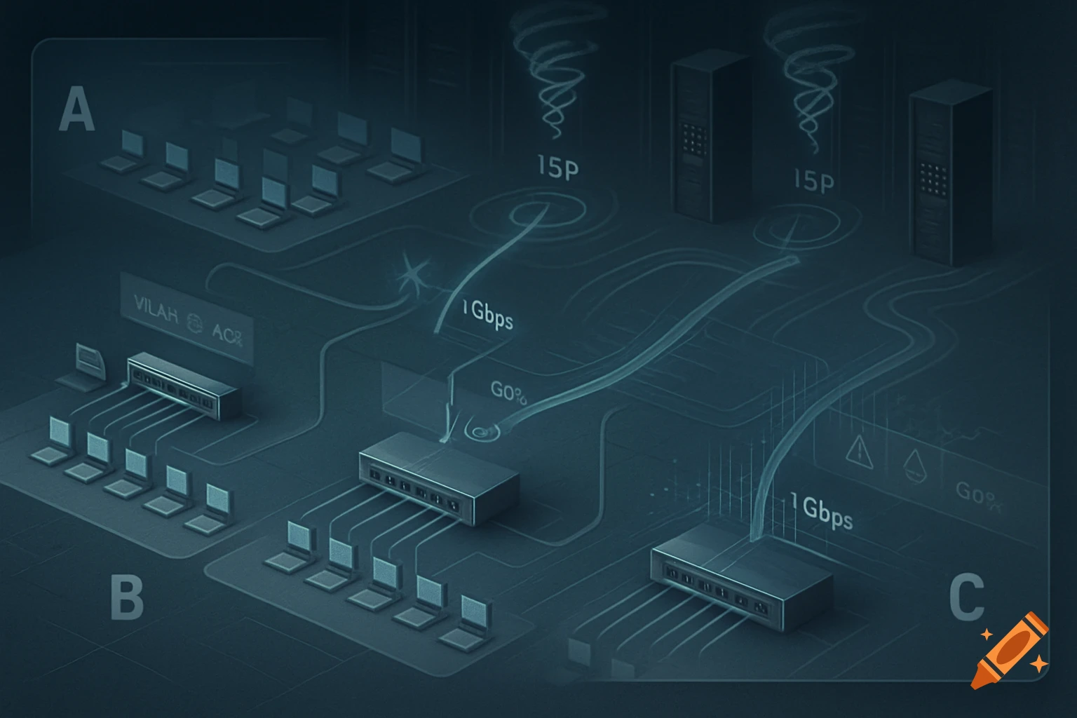 An overhead diagram illustrating an office network setup with three zones (A, B, C) featuring laptops, switches, and servers, highlighting connectivity and potential issues like bandwidth and single points of failure.