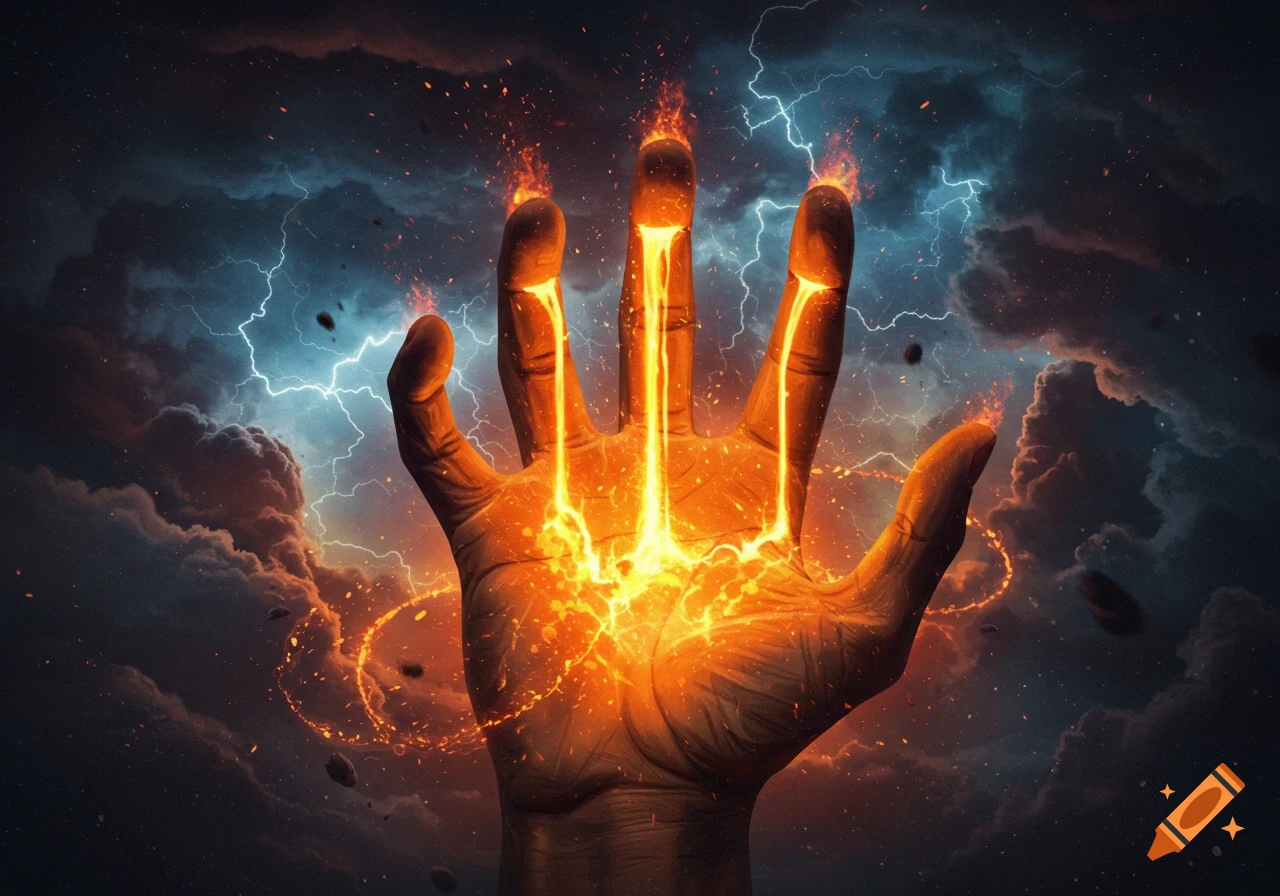 A splayed hand emits glowing magma from fingertips, pooling in its palm, set against a dramatic stormy sky with lightning.