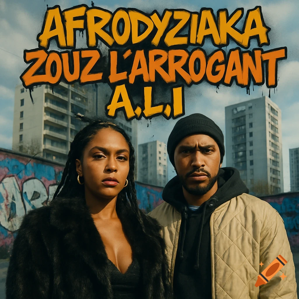 Two people, a woman in a fur coat and a man in a beanie and quilted jacket, stand in front of graffiti and urban buildings under an orange text overlay.