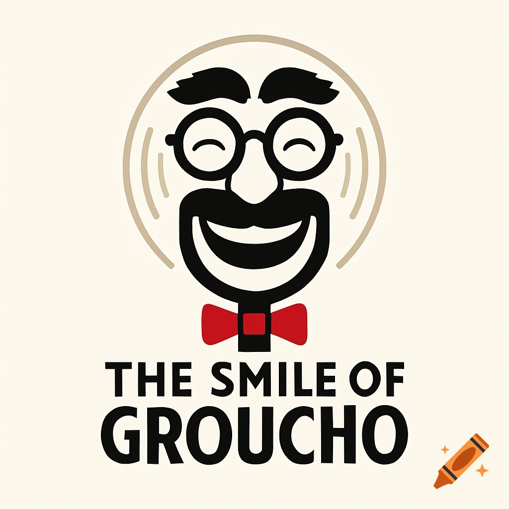 Minimalist logo of a smiling face with a mustache, round glasses, and a red bow tie, with the text 'THE SMILE OF GROUCHO'.