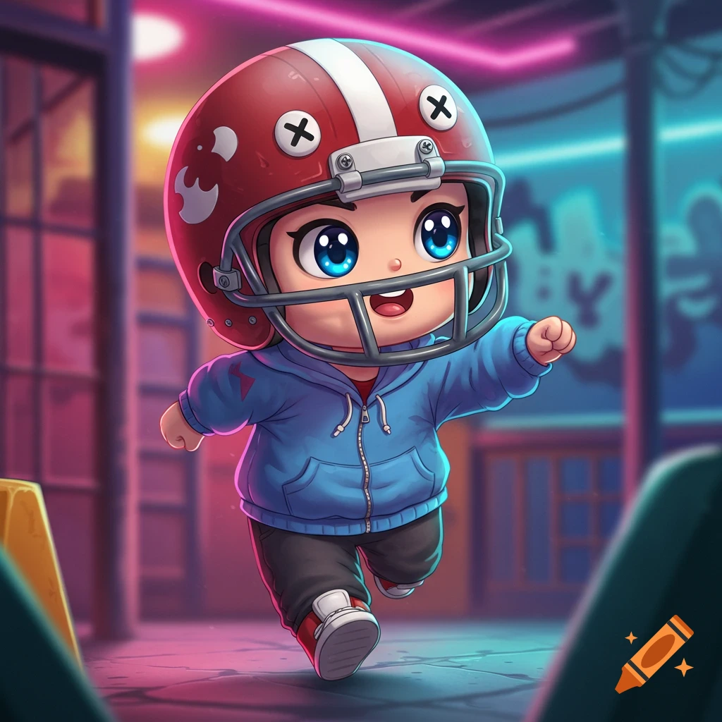 A cute chibi character in a football helmet and blue hoodie runs through a neon-lit city street.