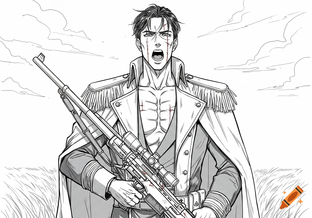 Anime man in military uniform with scars, holding a sniper rifle, yelling in a grassy field.