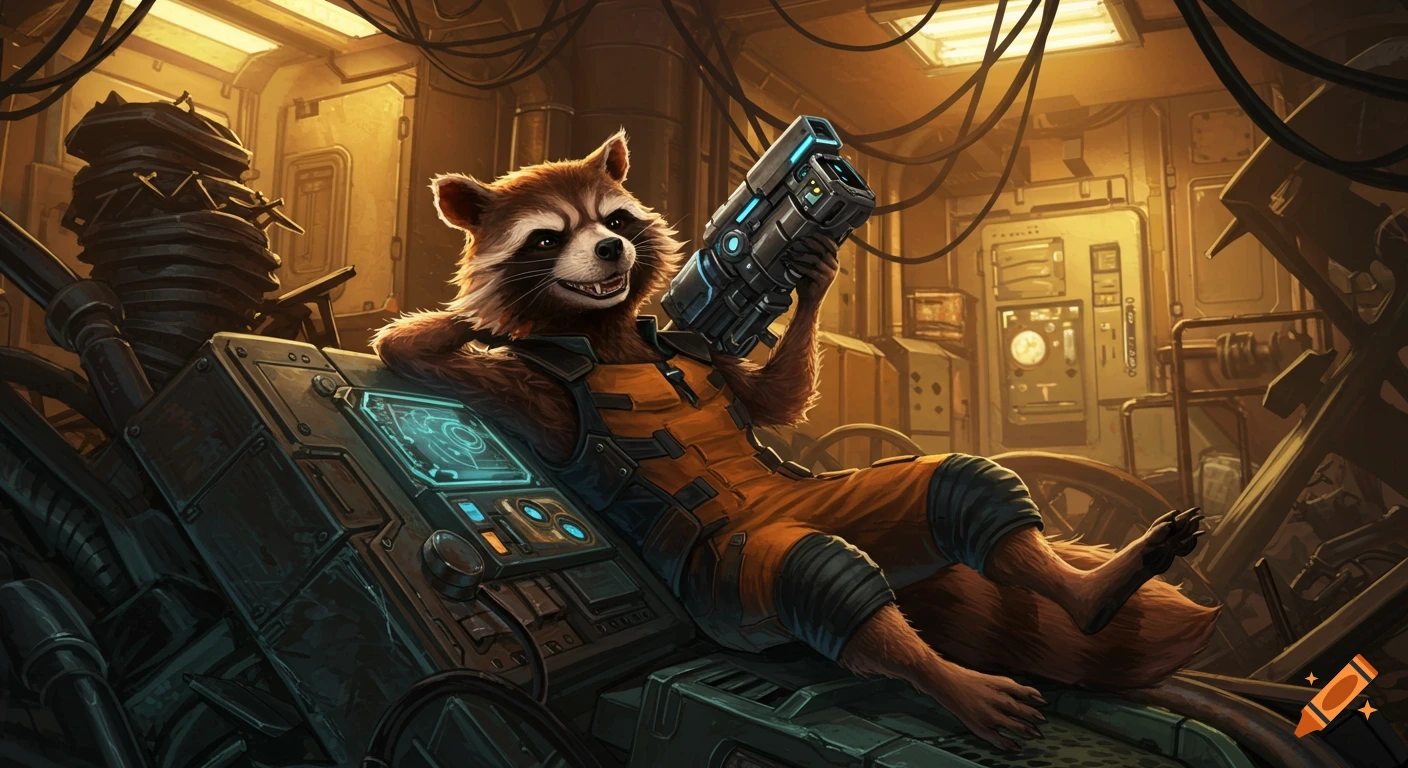 Rocket Raccoon in an orange suit, holding a futuristic gun, relaxing amidst sci-fi machinery in an industrial setting, in a stylized art style.