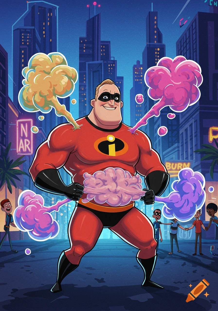 Cartoon Mr. Incredible stands in a city at night, emitting colorful gas clouds from his body, as children watch.