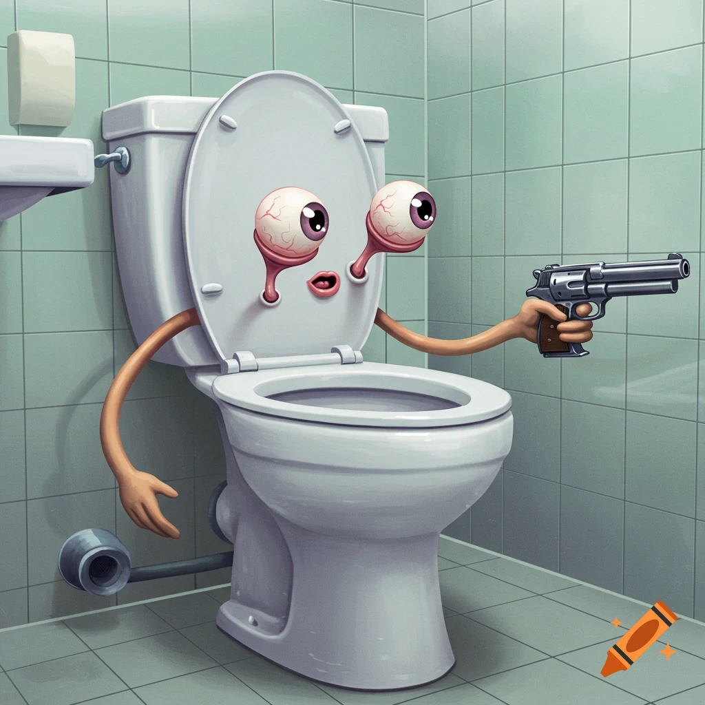 Surreal cartoon of a toilet with human eyes, mouth, and arms holding a pistol in a tiled bathroom.