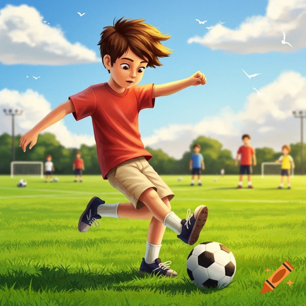An illustrated boy in a red shirt and beige shorts kicks a soccer ball on a sunny green field with other kids in the background.