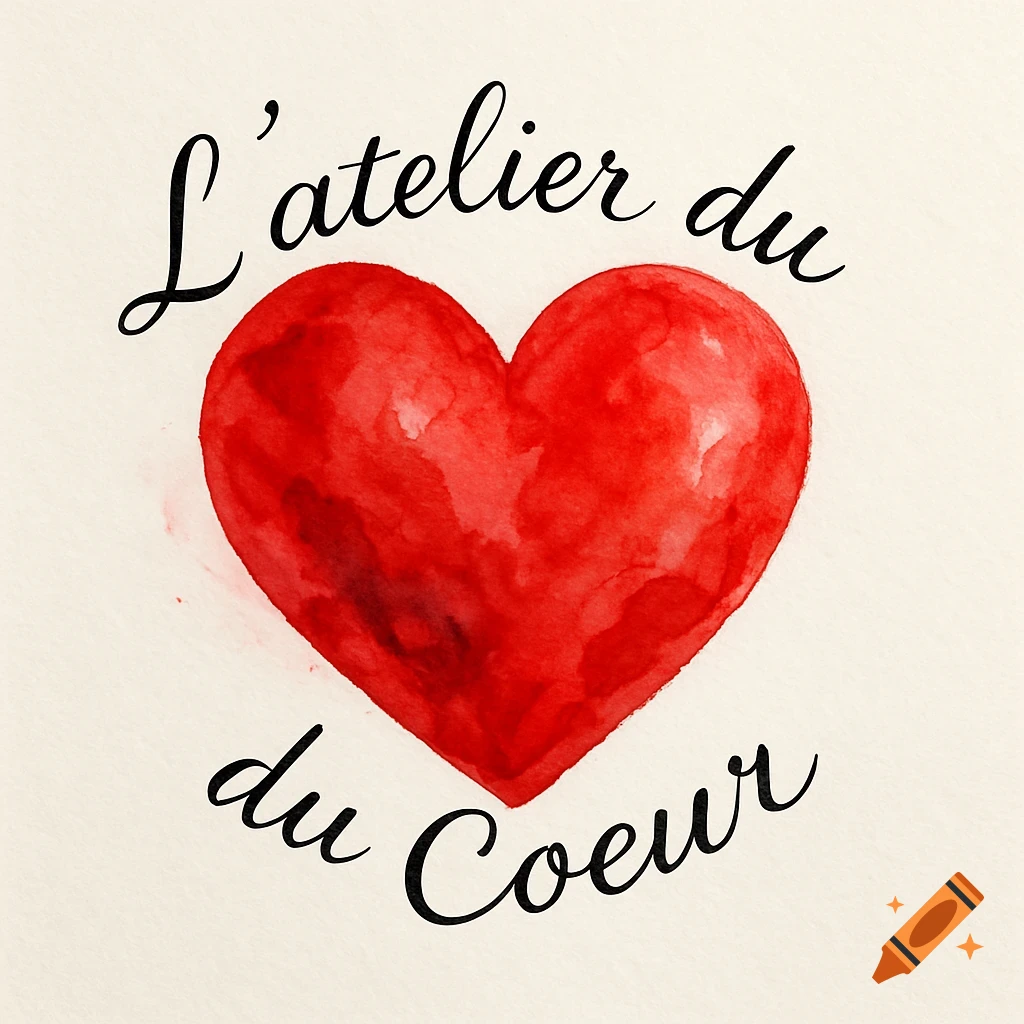 Watercolor red heart with black cursive text 'L'atelier du Coeur' on a cream background.