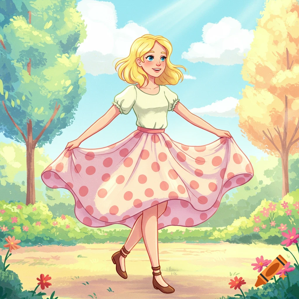 Cartoon of a blond woman in a pink polka-dot skirt walking in a sunny park with trees and flowers.