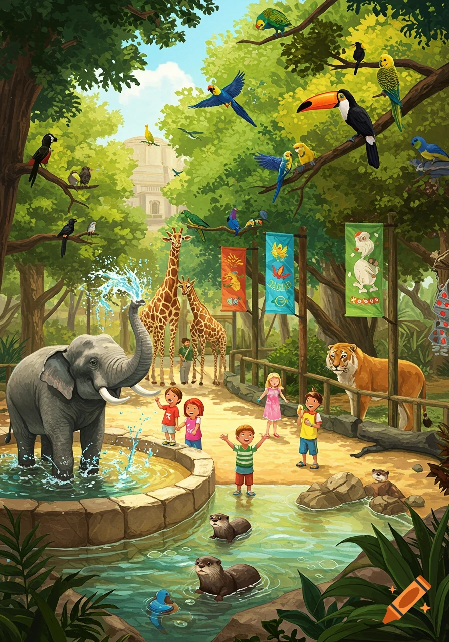 A vibrant illustration of a zoo with an elephant splashing water, children, giraffes, a tiger, otters, and colorful birds in trees.
