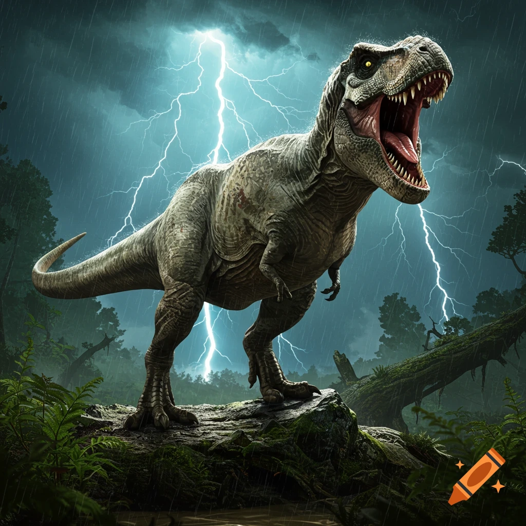 A photorealistic roaring T-Rex stands on a mossy rock in a stormy jungle with lightning.