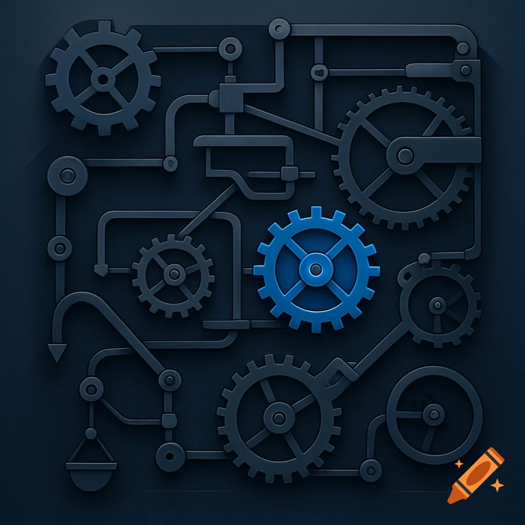 A stylized dark gray and blue infographic illustration of a complex mechanism with various gears and interconnected pipes, highlighting one central blue gear.