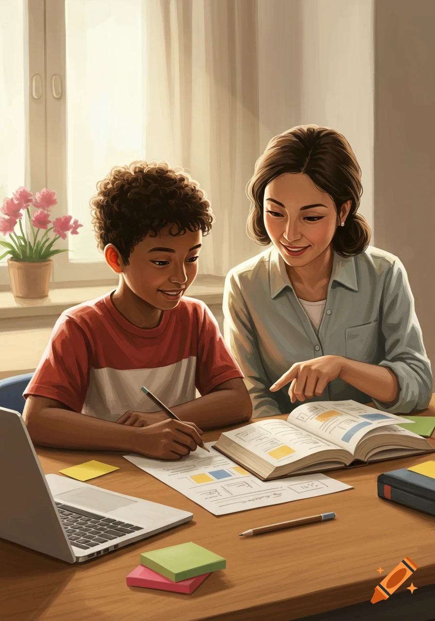 Illustrative image of a teacher and a young student collaborating on homework at a desk with books and a laptop.