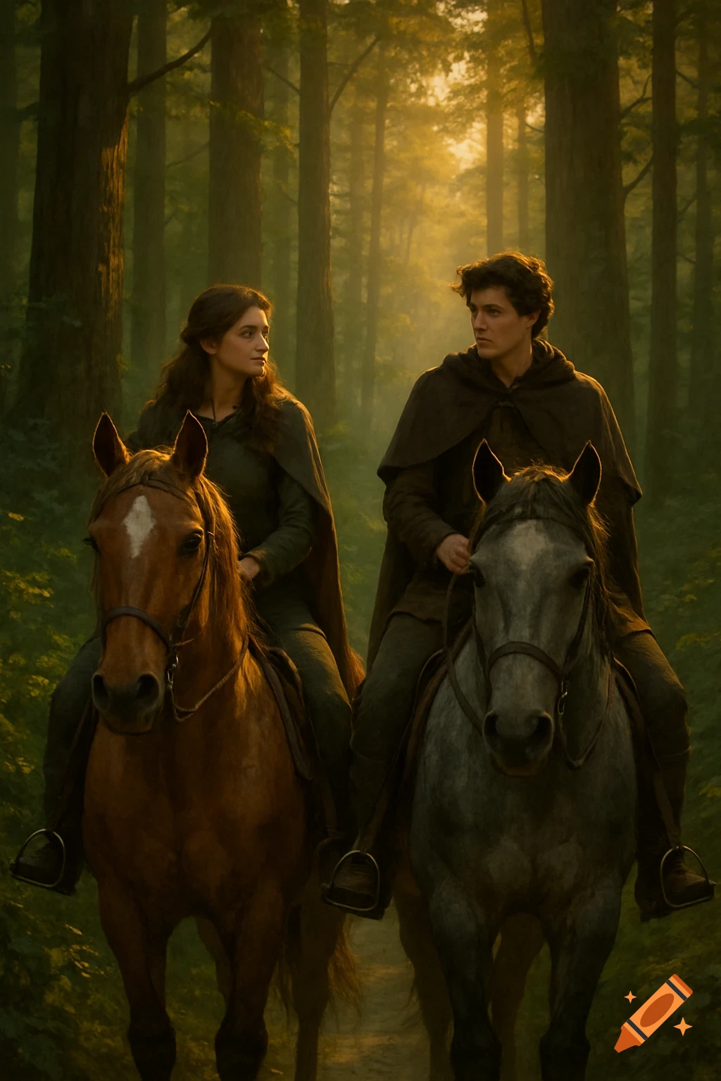 Two people in medieval attire ride horses through a sunlit, misty forest path, looking off into the distance.