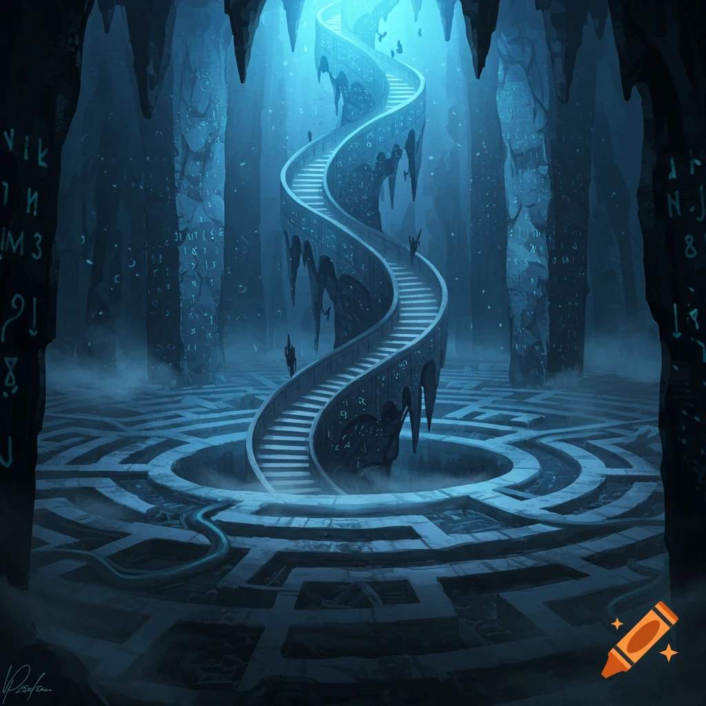 An eerie blue-lit fantasy cave with a winding staircase ascending from a complex labyrinth on the floor, surrounded by pillars with glowing glyphs.