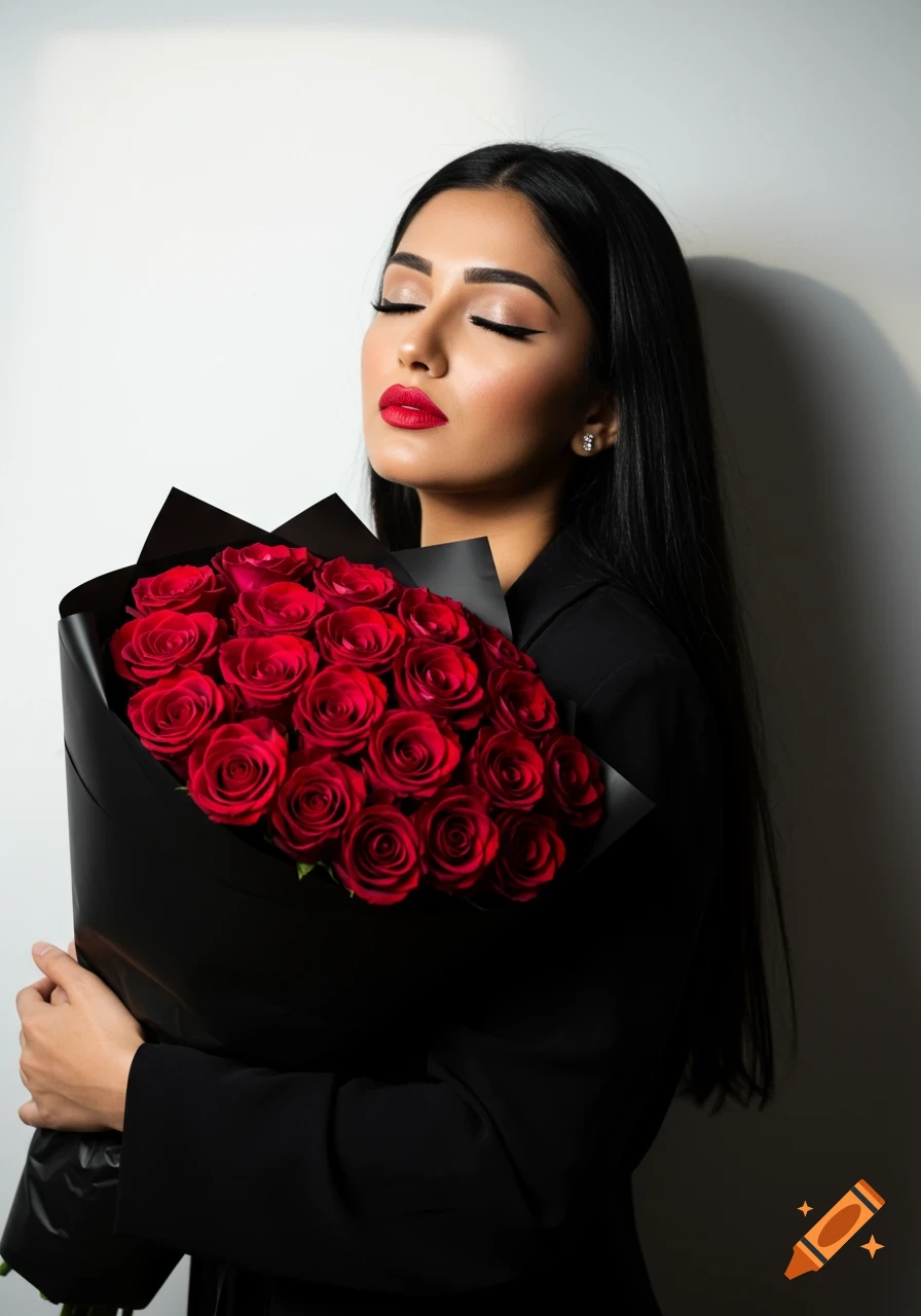Glamorous woman with red lipstick and black hair, eyes closed, holding a large bouquet of red roses wrapped in black paper.