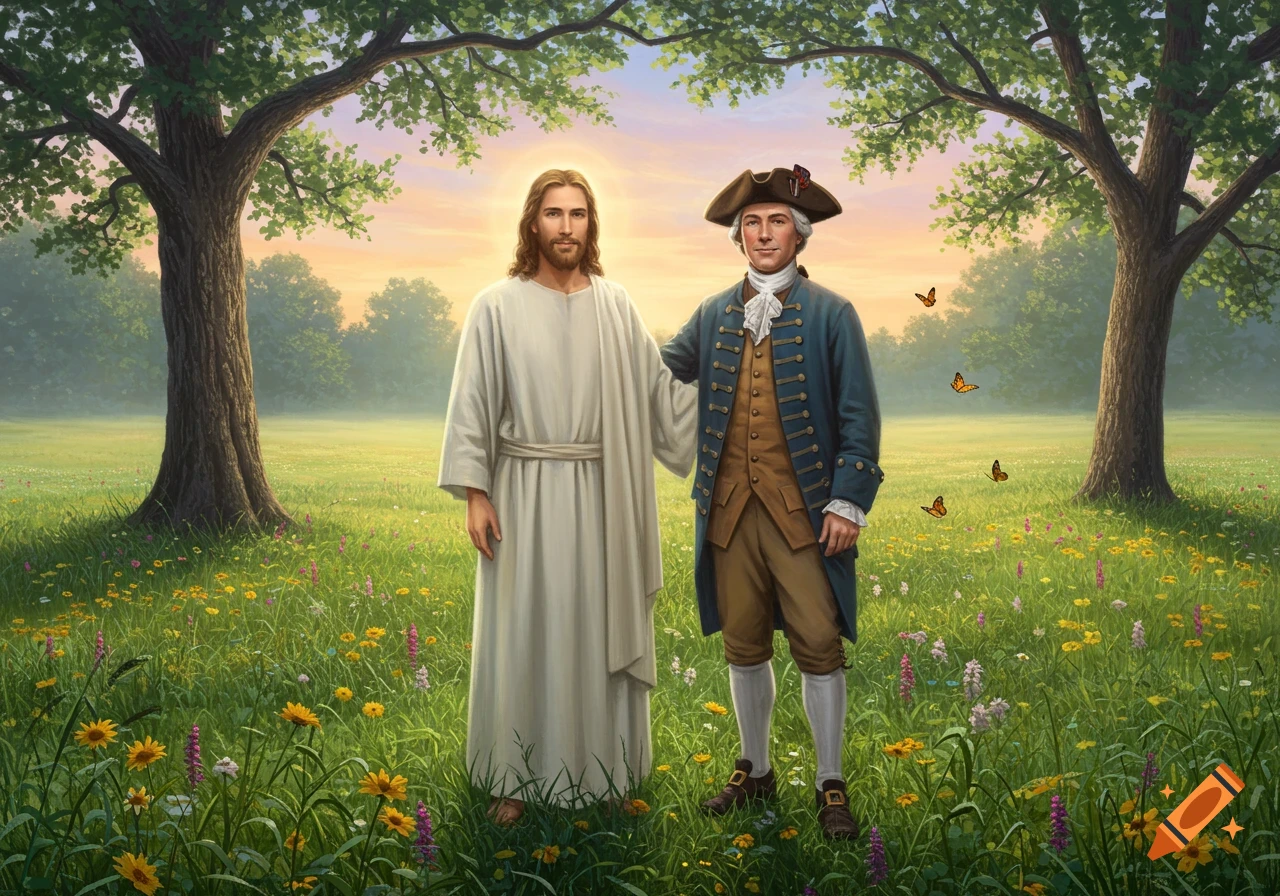 Jesus and an 18th-century American man stand together in a lush, flowery field with trees and butterflies.