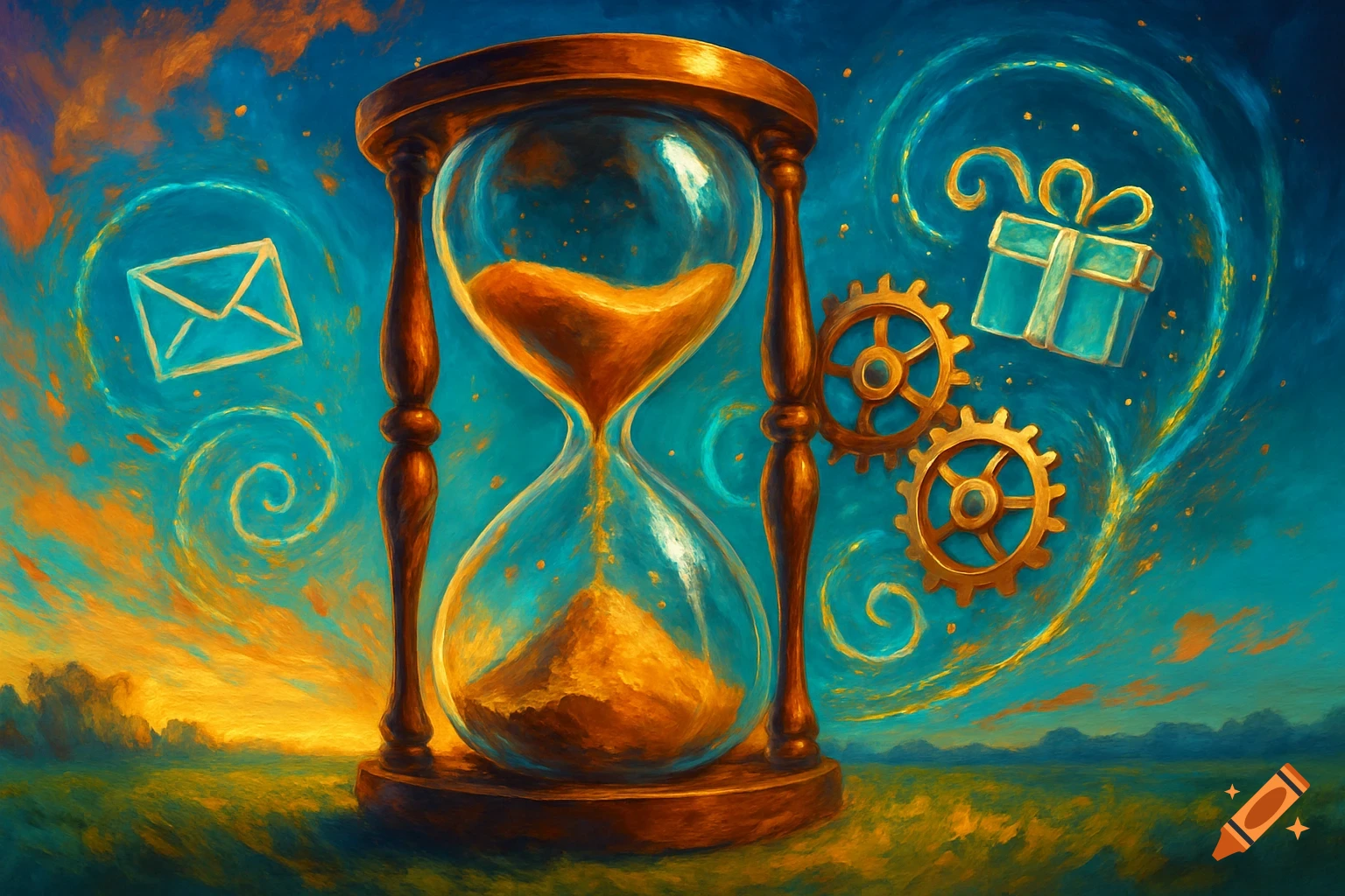 A stylized digital painting featuring a large hourglass, golden gears, an envelope, and a gift box against a vibrant blue and orange sky with swirling clouds.