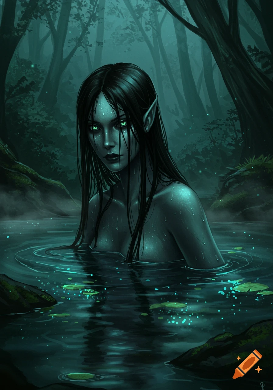 A dark-haired, pale-skinned fantasy woman with glowing green eyes emerges from dark, luminous water in a misty forest, digital art.