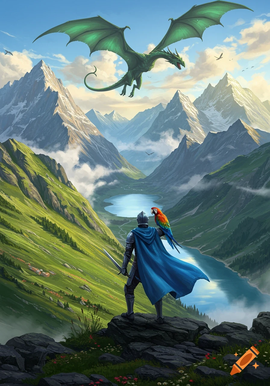 A knight with a parrot on his shoulder stands on a cliff overlooking a vast mountain valley with a green dragon flying overhead.