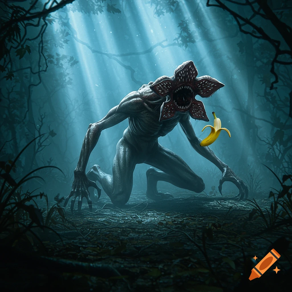 A Demogorgon monster from Stranger Things crouches in a misty, dark forest with light rays, holding a banana.