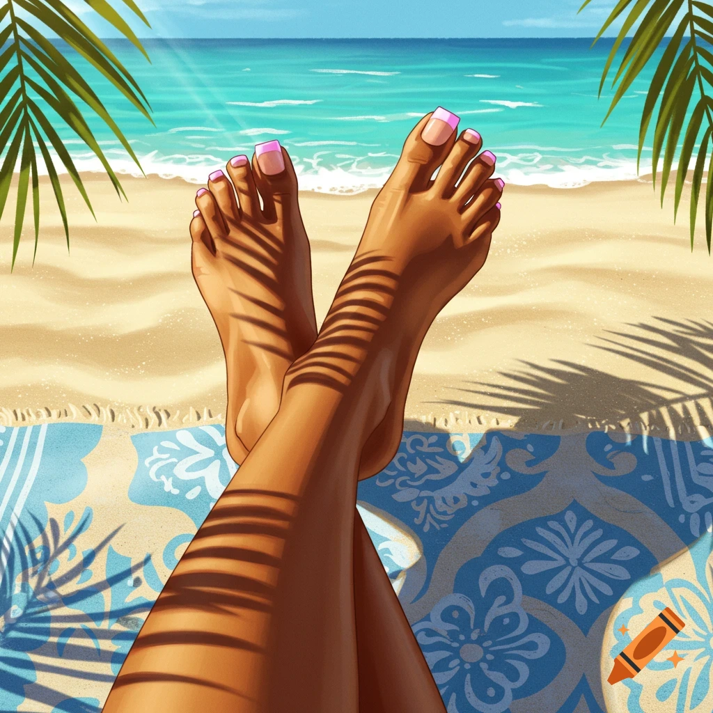 Crossed brown legs and feet with pink French tip pedicures on a beach towel with a beach and ocean view.