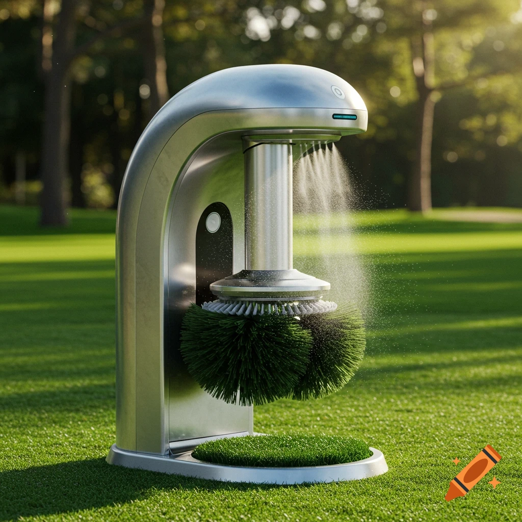A futuristic, silver golf club cleaning machine sprays water onto rotating green brushes on a golf course, with a small turf mat below.