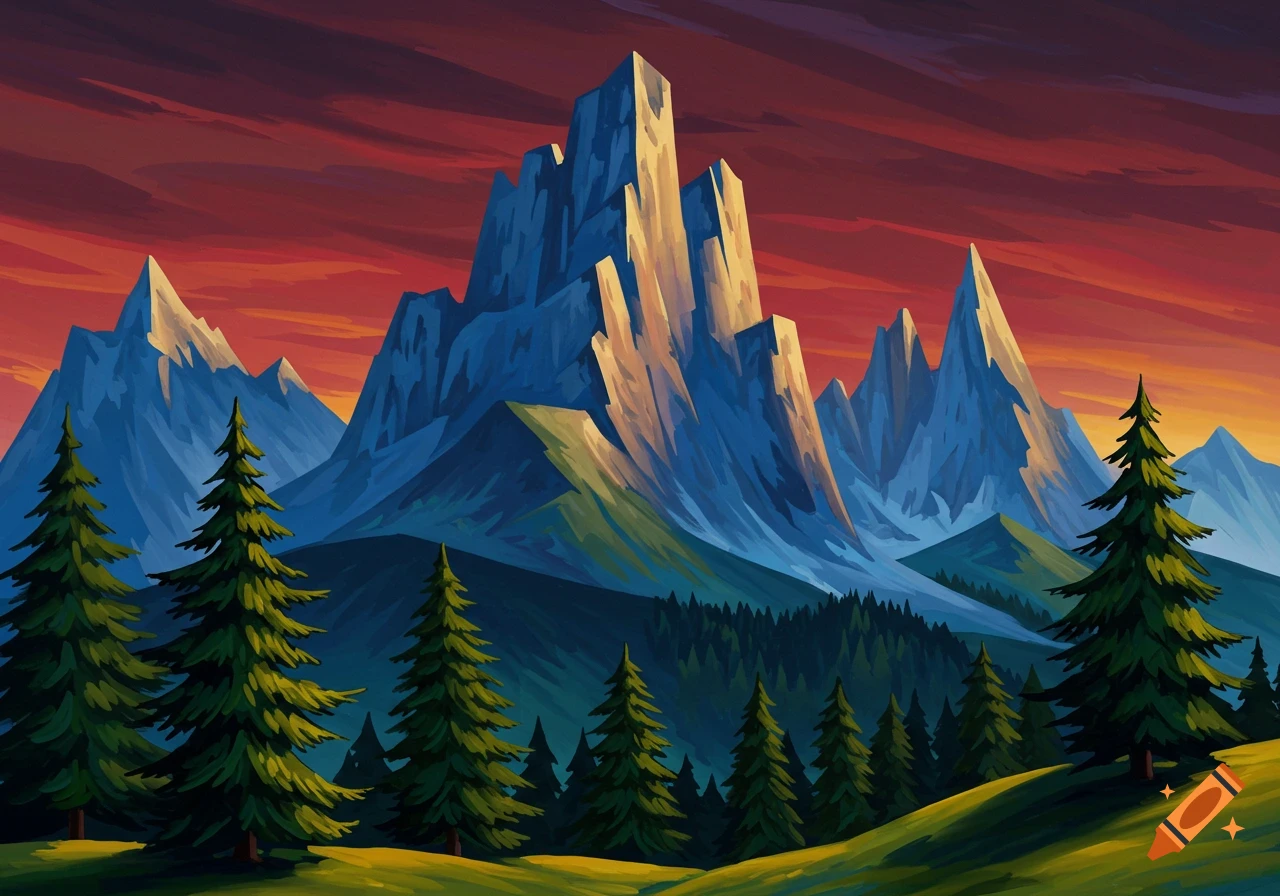 Stylized painterly landscape with sharp blue mountains under a fiery red sky, green pine trees in the foreground.