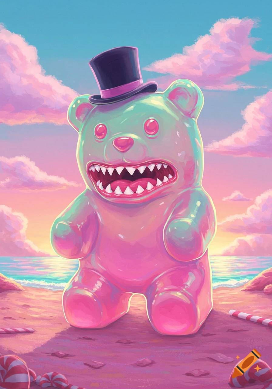 A large pink and teal gummy bear with shark teeth and a black top hat stands on a candy-strewn beach at sunset under a pastel sky.