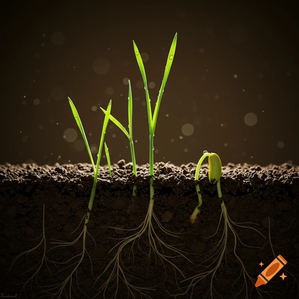Photorealistic image of green grass shoots with water droplets emerging from dark soil, with roots visible below.