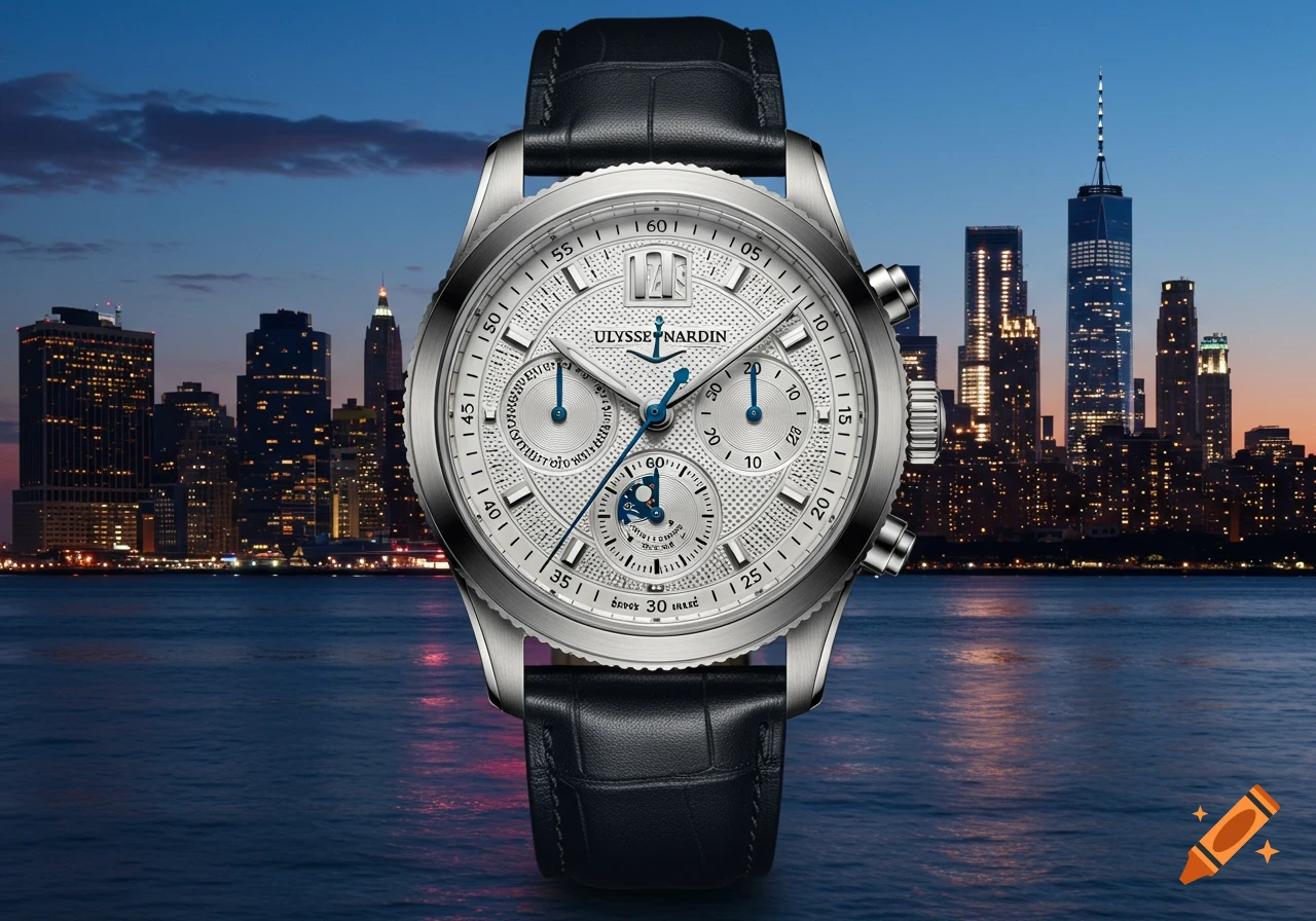 A detailed Ulysse Nardin watch with a white dial and black strap against the illuminated New York City skyline at dusk.