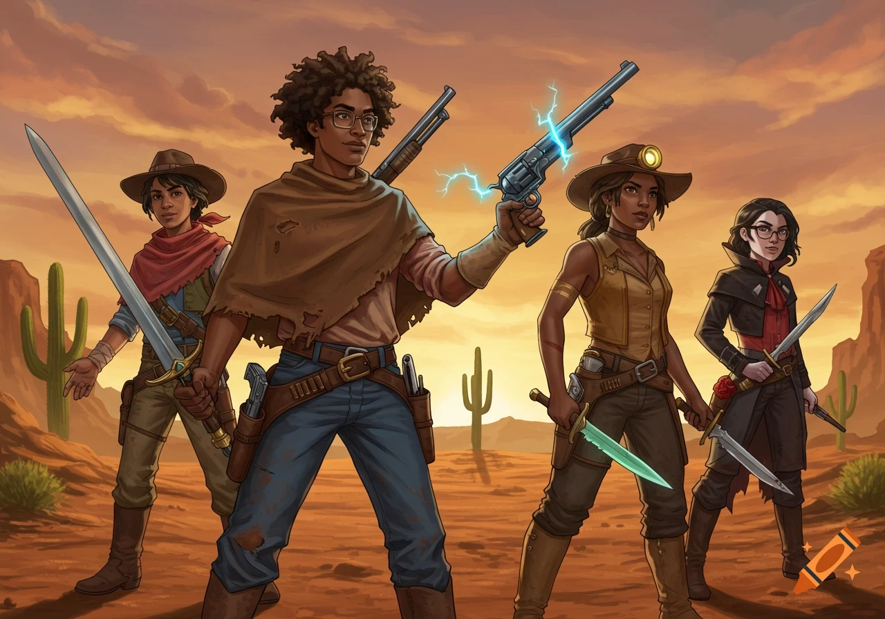 Four diverse fantasy-western characters in a desert, with a man wielding an electric revolver, and others with swords and knives.