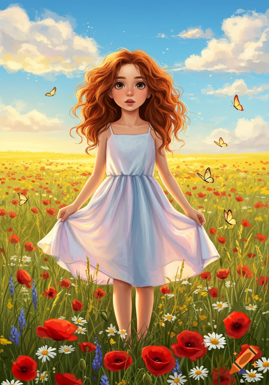 A cute cartoon girl with red, wavy hair and a light dress stands in a vibrant field of red poppies and white daisies under a sunny sky with butterflies.