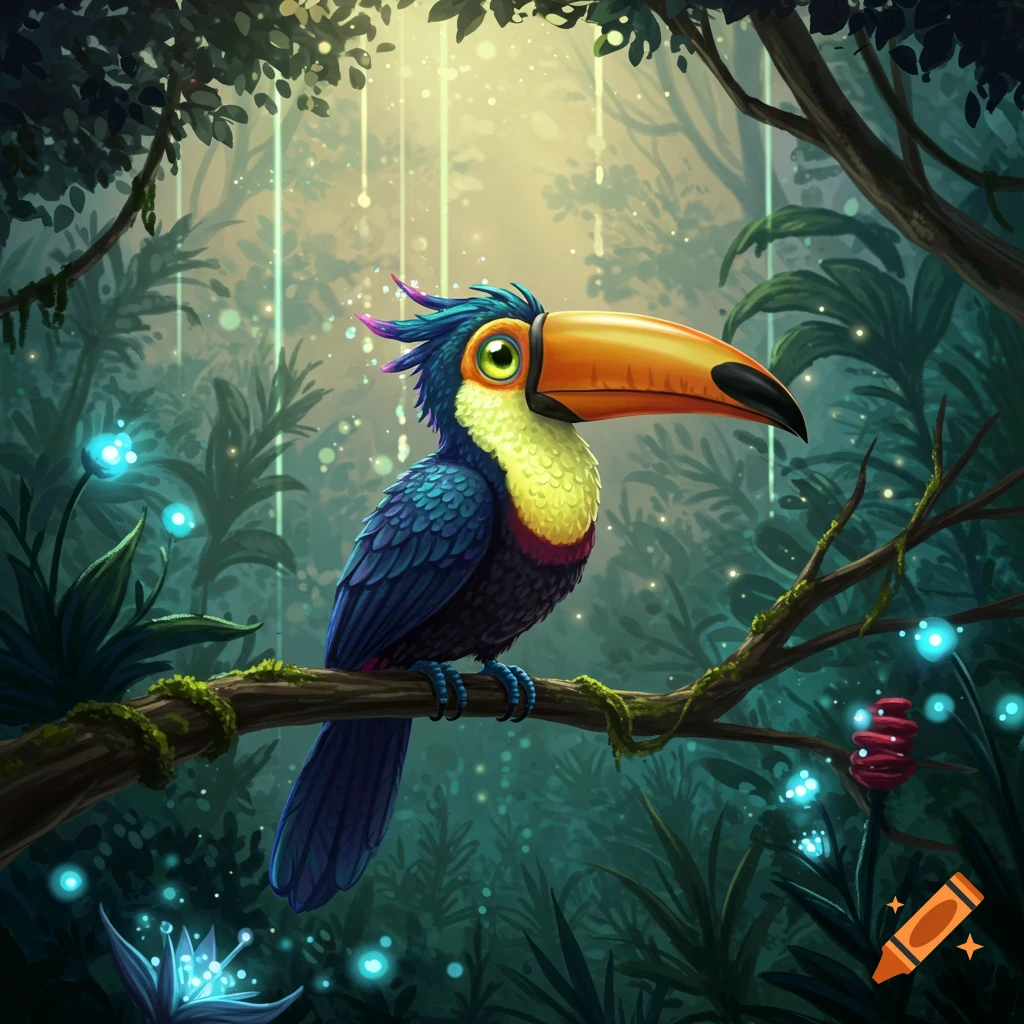 A vibrant cartoon toucan with blue and yellow feathers and a large orange beak perches on a branch in a magical, glowing jungle.