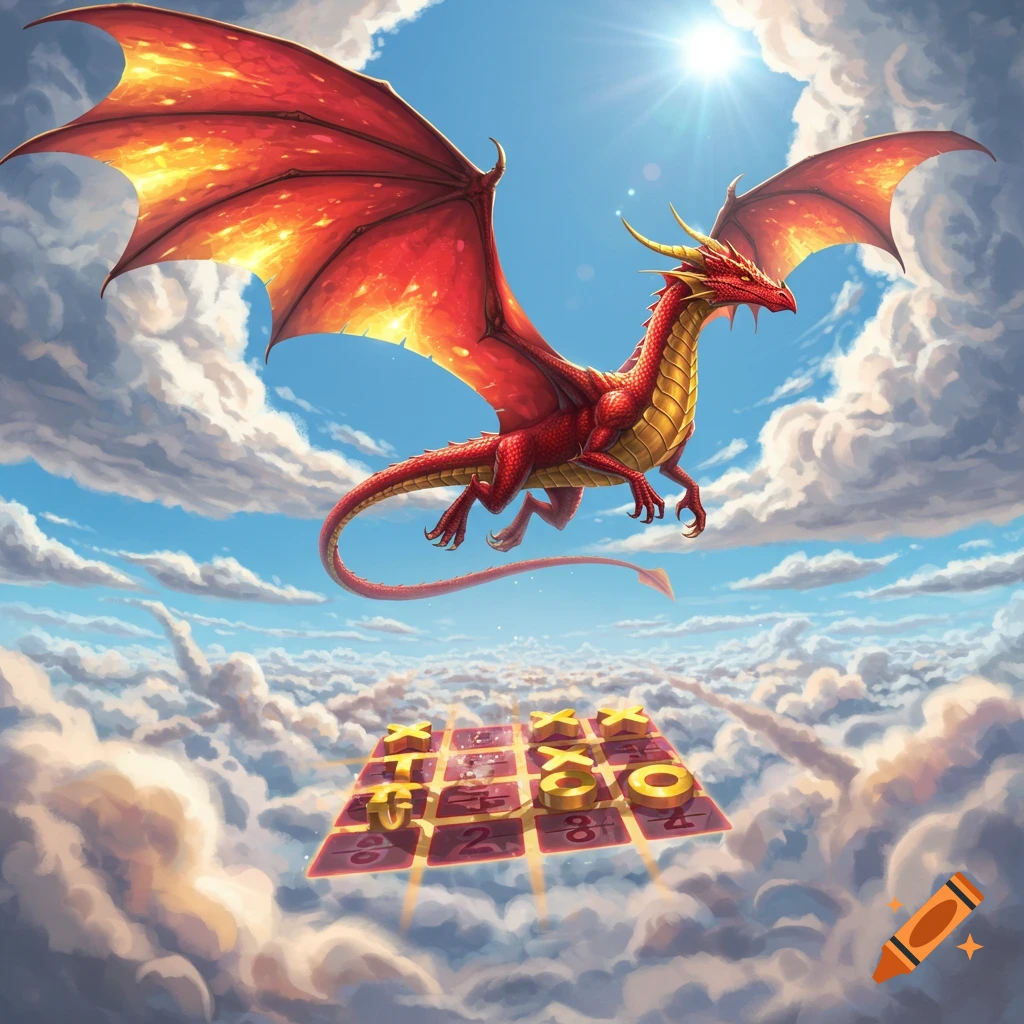 A majestic red dragon with fiery wings flies above a cloudscape, looking down at a giant golden Tic-Tac-Toe board floating amidst the clouds.
