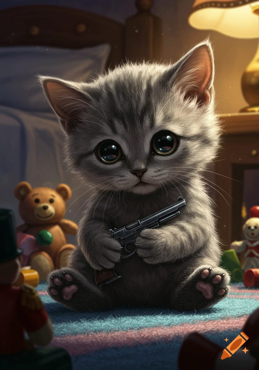 A cute, stylized grey kitten sits on a striped rug in a bedroom, holding a small pistol. Toys are in the background.