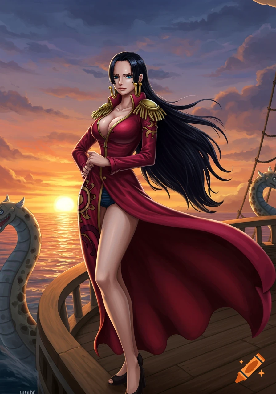 A beautiful woman with long black hair and a flowing red dress stands on a ship deck at sunset, with sea serpents in the water.