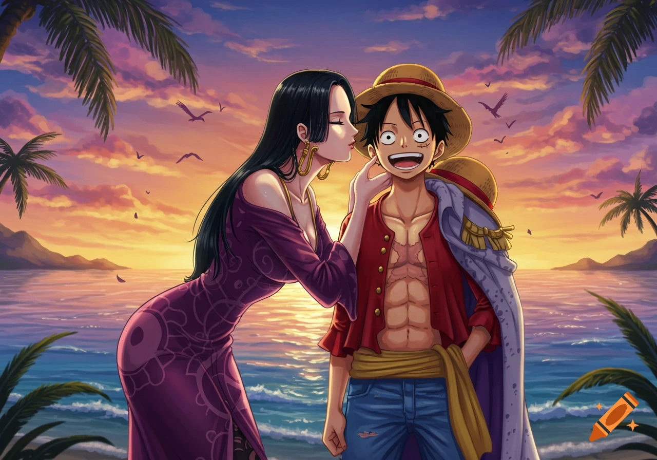 Anime characters Boa Hancock kissing Luffy on the cheek on a tropical beach at sunset.