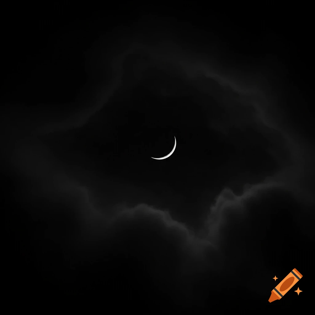 A minimalist shot of a white crescent moon against a dark, cloudy night sky.