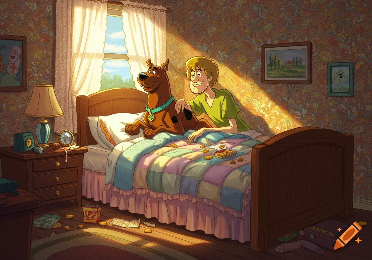 Scooby Doo and Shaggy relaxing on a bed in a sunlit bedroom, cartoon style.