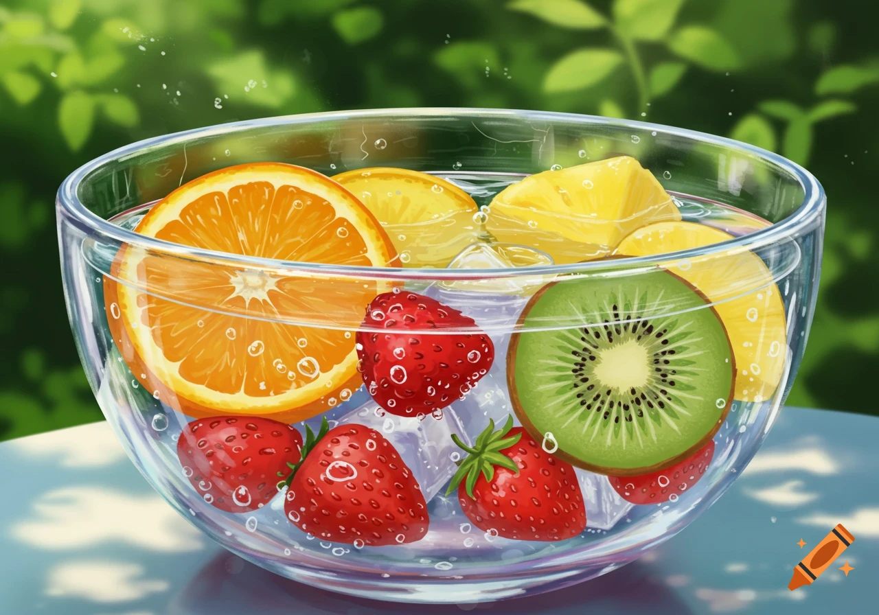 A vibrant illustration of orange slices, strawberries, kiwi, and pineapple in a glass bowl with ice and water, against a green background.