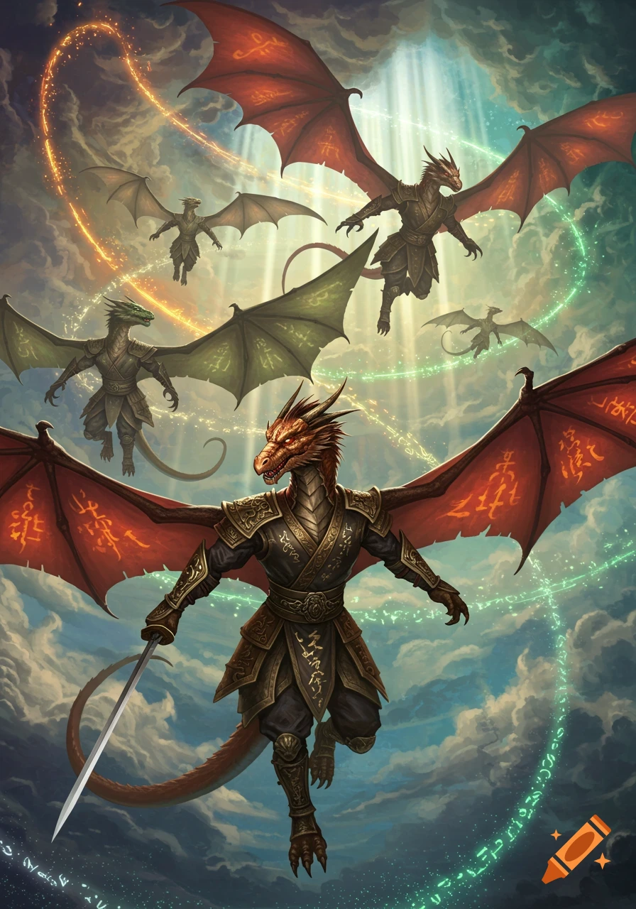 Heroic dragon ninjas in armor fly through a cloudy sky with magical light, one wields a sword.