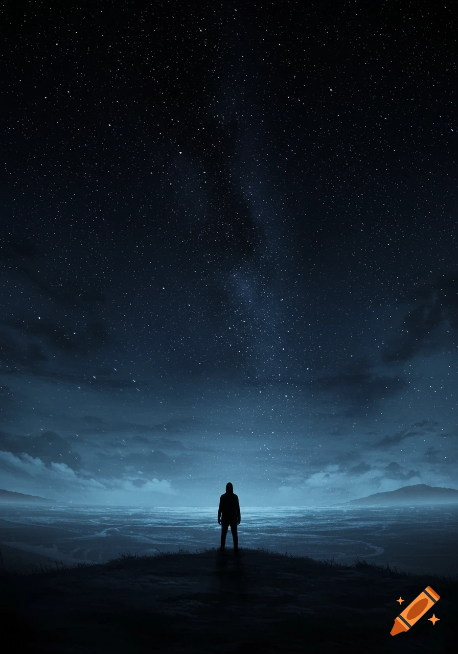 A lone silhouetted figure stands on a rise, overlooking a dark, misty landscape beneath a vast, star-filled night sky with the Milky Way.