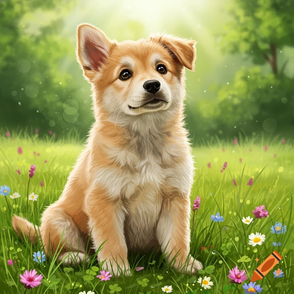 A cute, fluffy golden-brown puppy with floppy ears sits in a vibrant green meadow filled with colorful wildflowers under a bright sky.