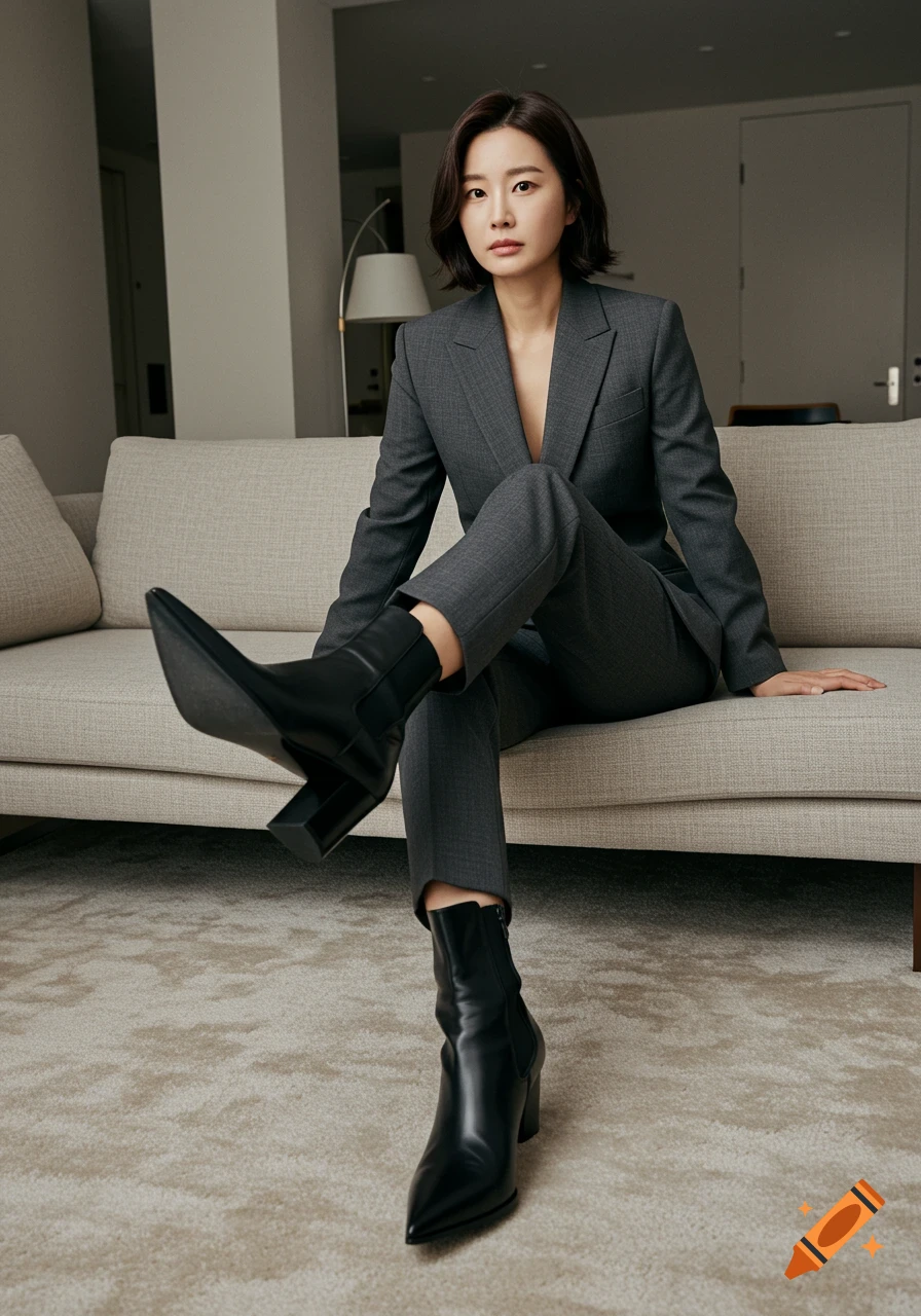 A Korean woman in a gray suit and black pointed-toe ankle boots sits on a couch, looking sternly at the camera. Photorealistic style.