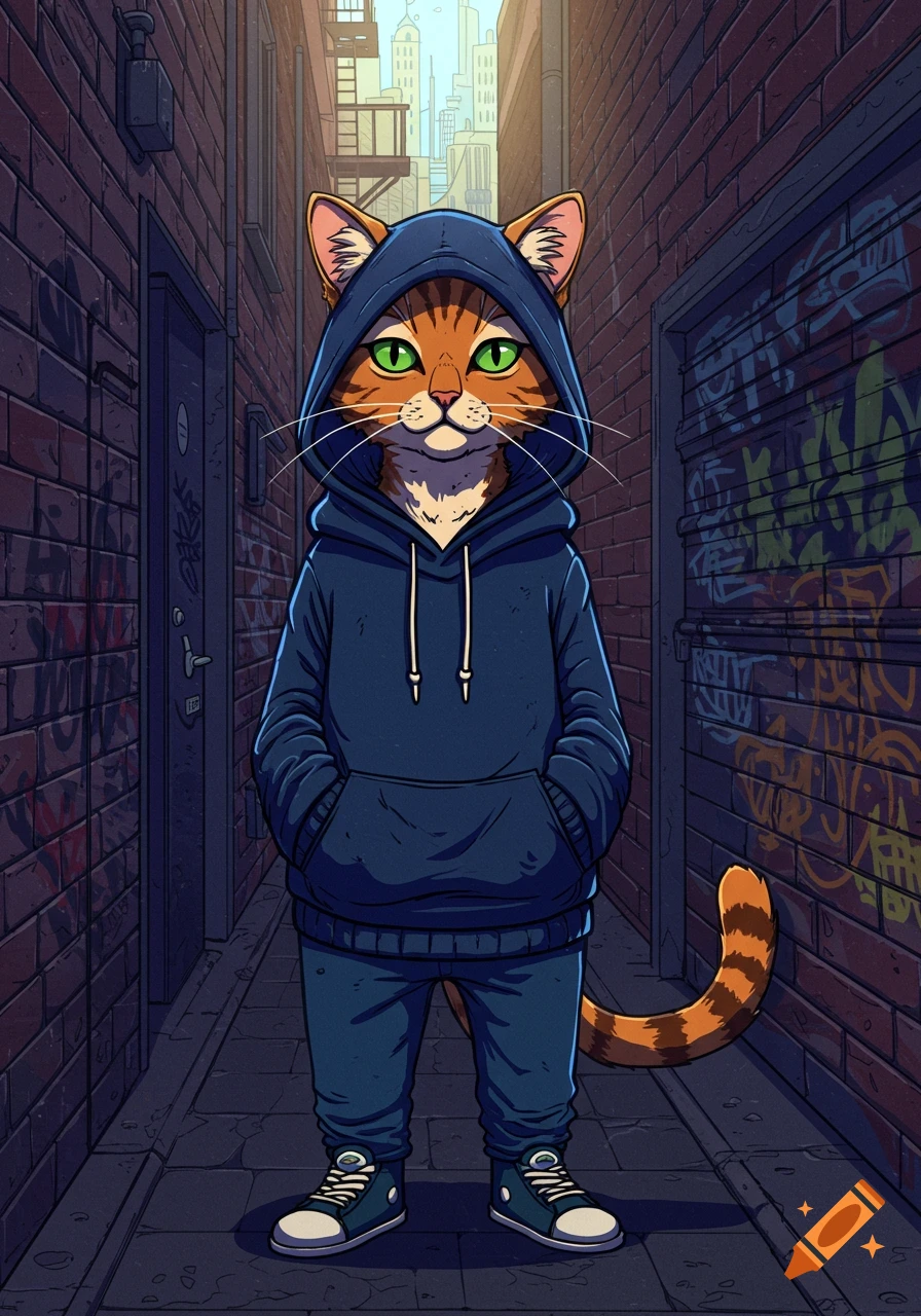 A cartoon orange tabby cat wearing a navy blue hoodie and sneakers stands in a graffiti-covered brick alleyway.